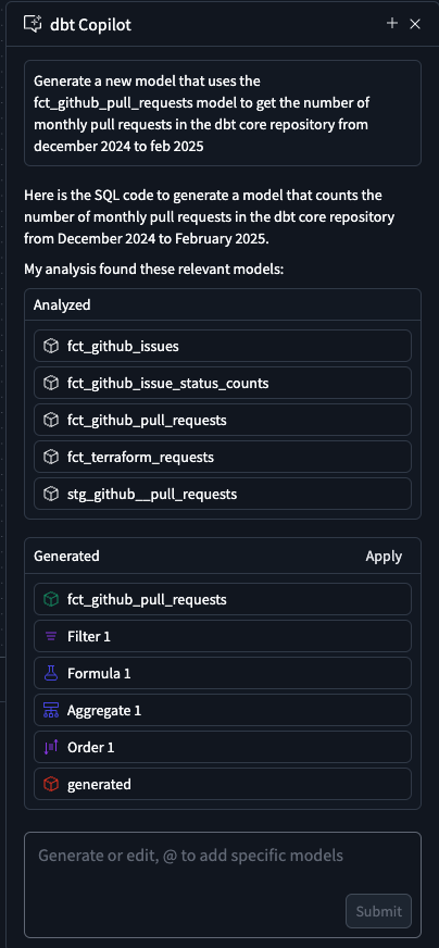Enter a prompt in the dbt Copilot prompt box to build models using natural language